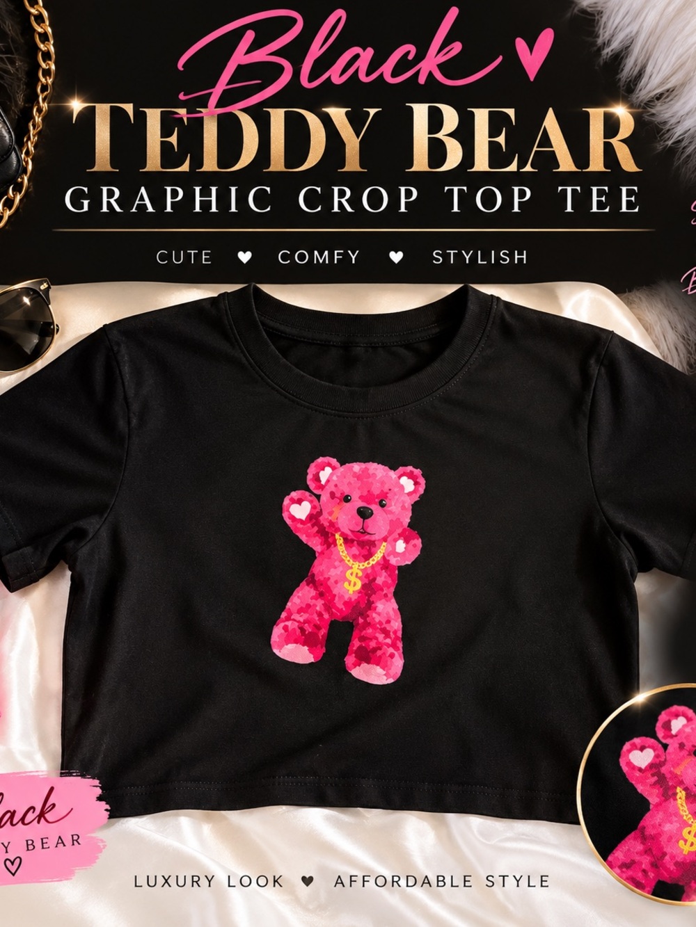 Women’s Black Crop Tee with Pink Teddy Bear Graphic